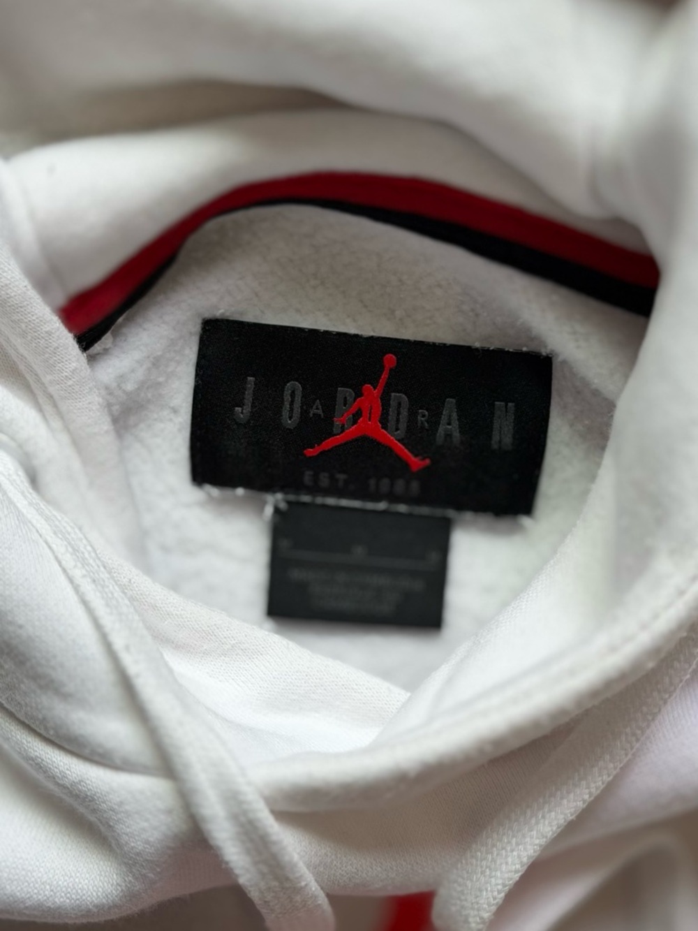 Jordan White Hoodie with Red Jumpman Neck Logo - Picture 3 of 3
